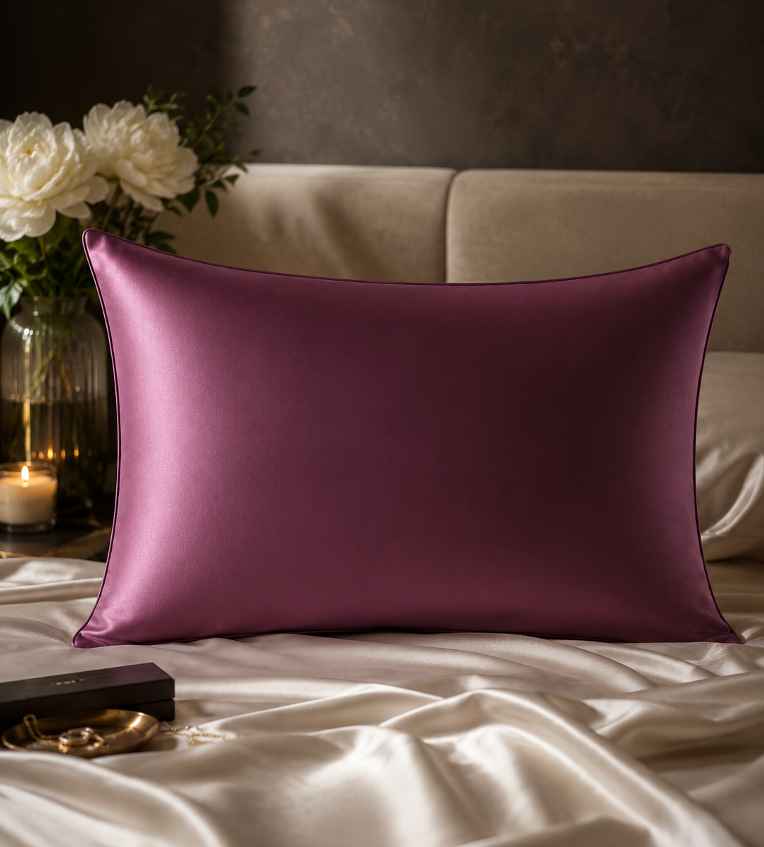 Purple satin pillow on a bed with white flowers and a candle in the background